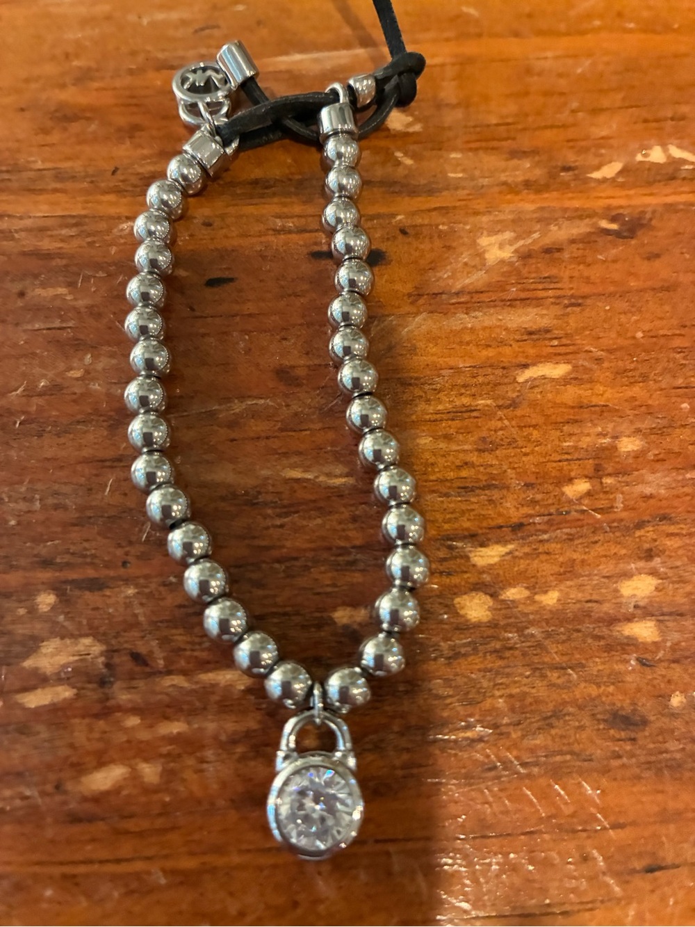 Michael Kors Silver-Tone Beaded Bracelet with Crystal Padlock Charm